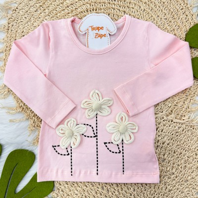 Conj. Blusa Manga Longa Flores 3D e Calça de Linho - Rosa e Areia